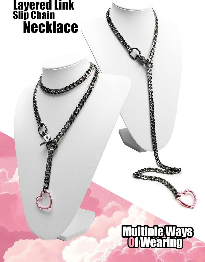 paloli Women's Slip Chain Rainbow Heart O-Ring Chunky Chain Necklace, Rays Cuban Long Layered Jewelry, Adjustable Lariat Y-Necklace Heart Loop Choker - Image 5
